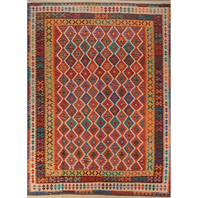 Geometric Trellis Kilim Oriental Area Rug Hand-Woven Wool Carpet - 8'4"x 11'3"