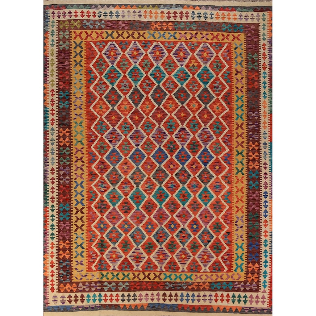 Geometric Trellis Kilim Oriental Area Rug Hand-Woven Wool Carpet - 8'4"x 11'3"