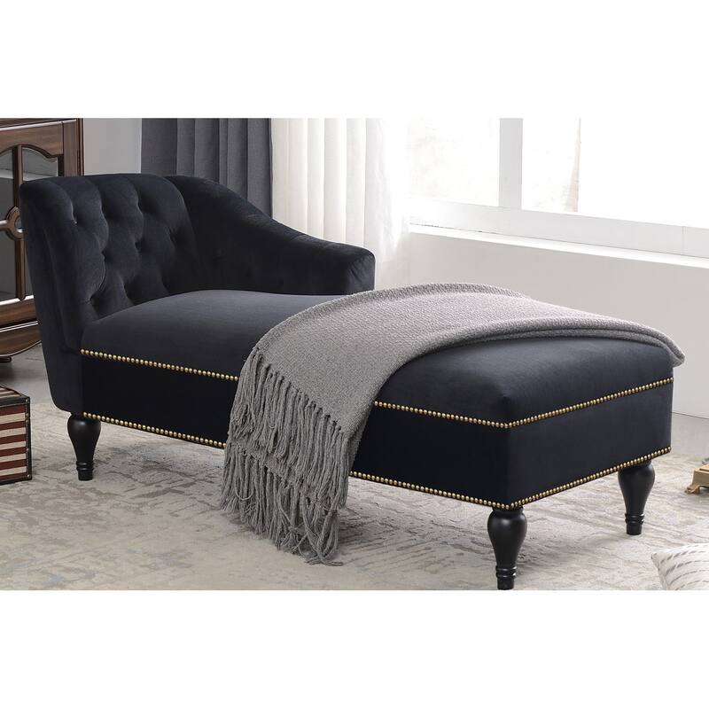 58'' Black Velvet Button Tufted Right Arm Facing Chaise Lounge Chair with Nailhead Trim: Opulent Addition to Any Living Space.