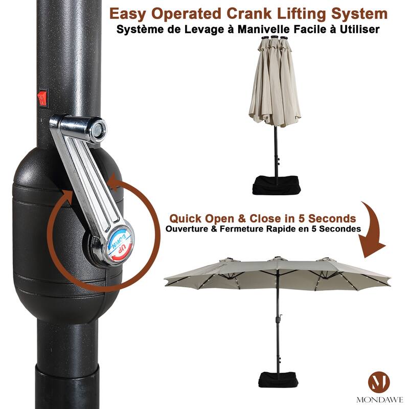 15ft Rectangular Patio Umbrella with Base and LED Lights