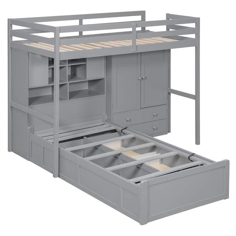 Twin Bunk Bed with Drawers, Wardrobe, Storage Shelves, and Hydraulic Lift, Gray