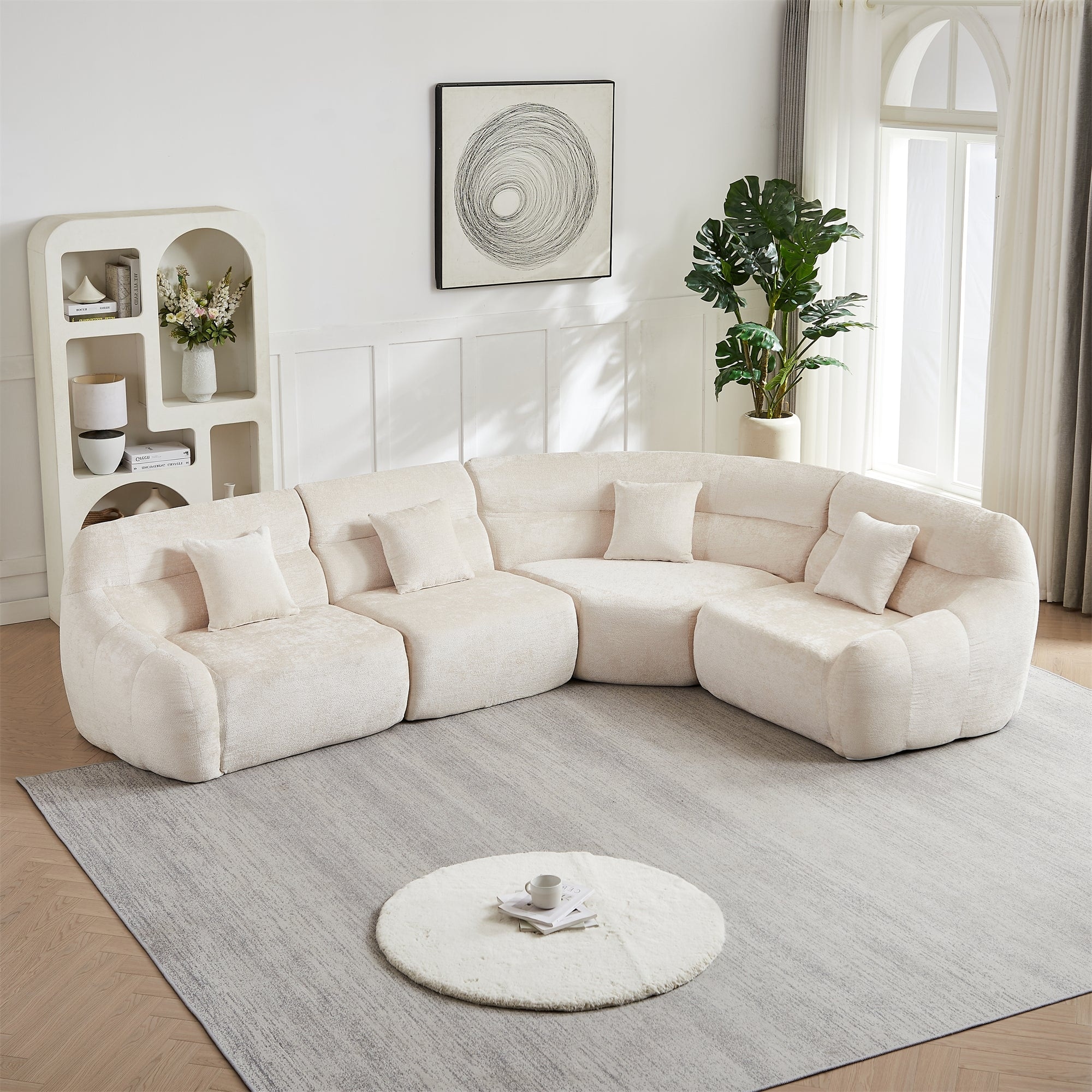 123.2" Modern Luxury Curved Sectional Sofa, Chenille Modular Cloud Sofa with 4 Pillows