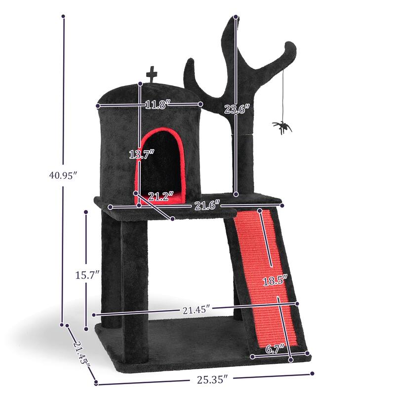 42" Gothic Cat Tree with Red Black Condo and Sisal Scratching Posts Ladder and Spider Toy