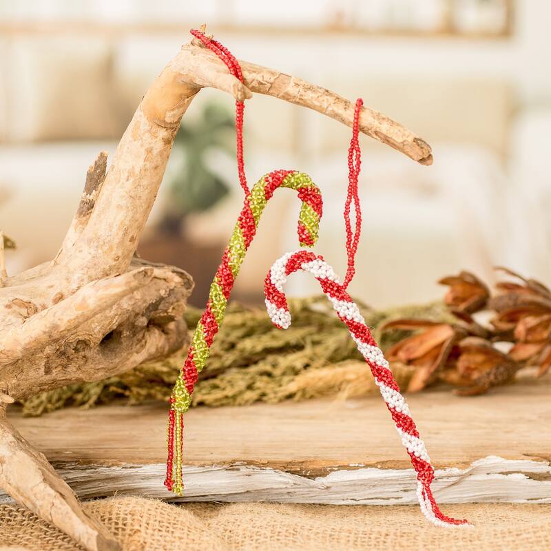 Novica Handmade Candy Cane Duo Glass Beaded Ornaments (Pair)