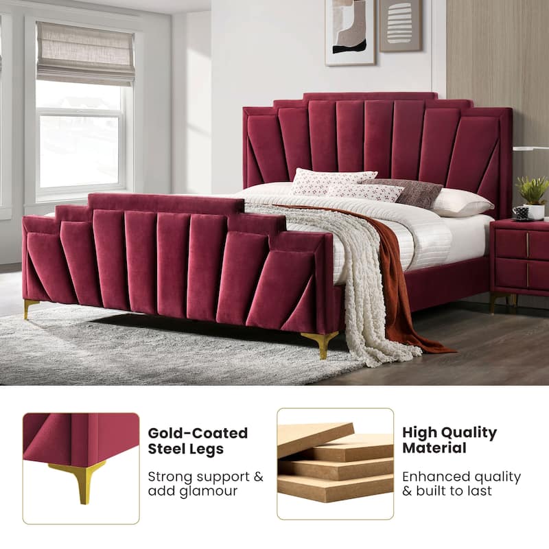 Glim Art Deco Velvet Upholstered Tufted Platform Bed by Furniture of America