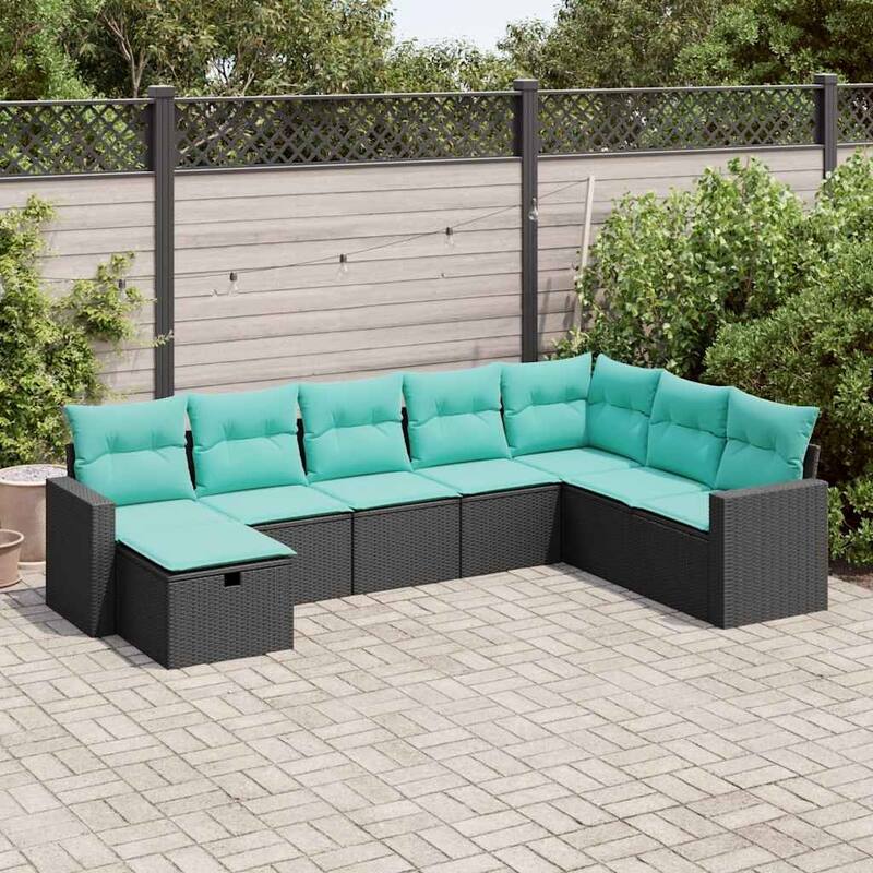 vidaXL 8 Piece Patio Sofa Set with Cushions Black Poly Rattan - 21.7 x 24.4 x 27.2 - Black-with storage - 7 components