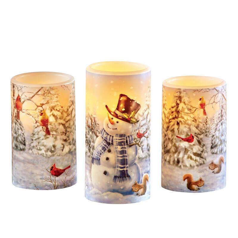 Smiling Snowman LED Lighted Flameless Candle - Set of 3 - 12.500 x 8.630 x 4.630