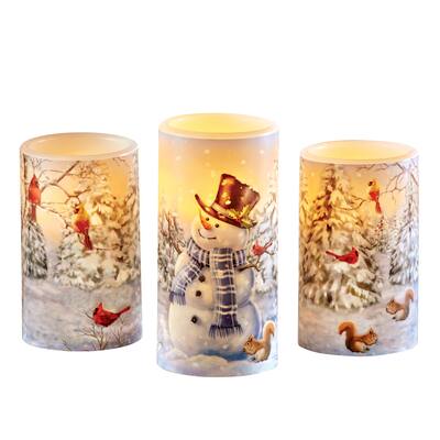 Smiling Snowman LED Lighted Flameless Candle - Set of 3 - 12.500 x 8.630 x 4.630