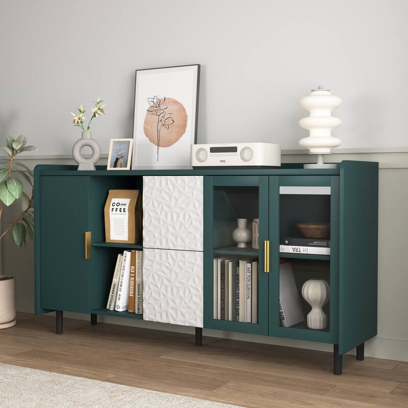 Kitchen Pantry Storage Cabinet, 55" Coffee Bar with 2 Drawers, 2 Open Storage Compartment & 2 Glass Doors, Wood Buffet Table