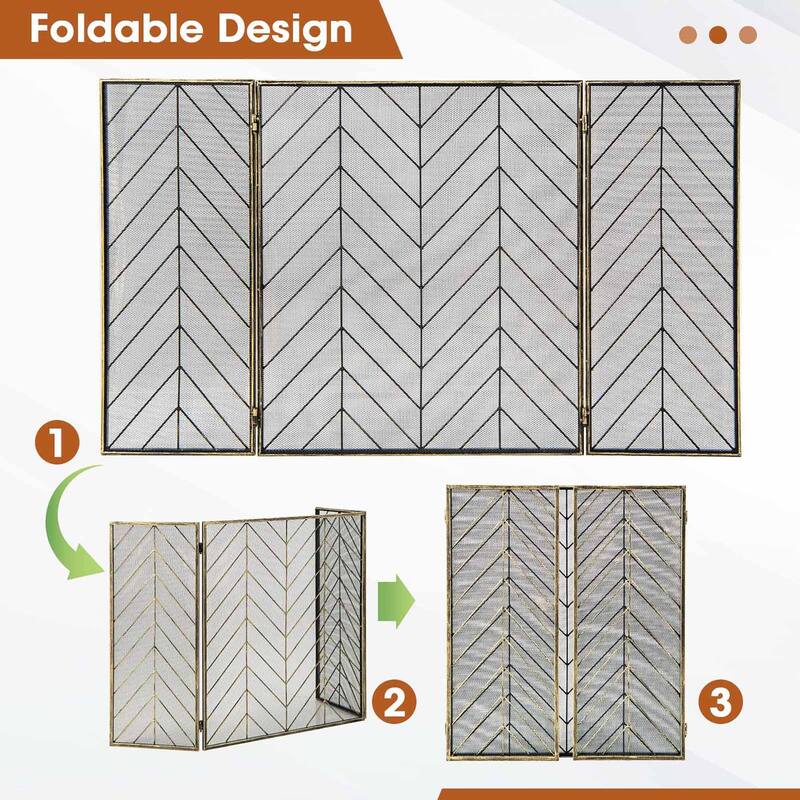 Gymax 3-Panel Fireplace Screen Foldable Wrought Metal Iron Mesh Fire