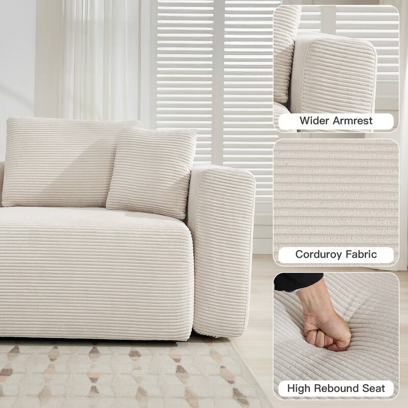 Corduroy Sectional Modular Sofa with Square Arms & Ottoman Extension for Flexible Arrangements