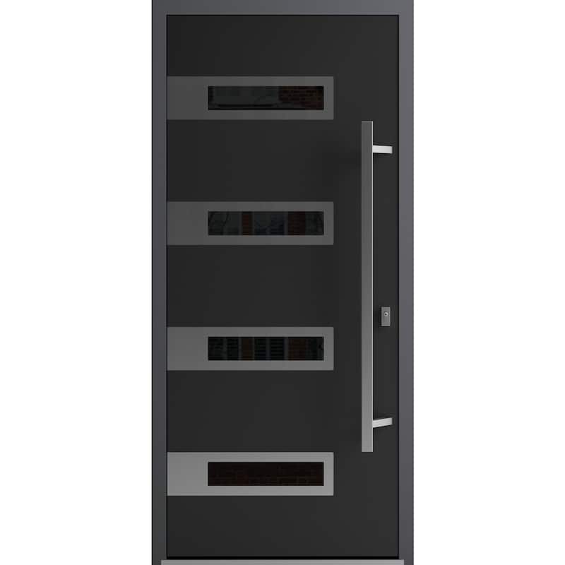 Front Exterior Prehung Steel Door Ronex 0131 Black Enamel Stainless Inserts Entry Metal Painted W36xH80 Left hand Inswing - Black - 36" x 80"