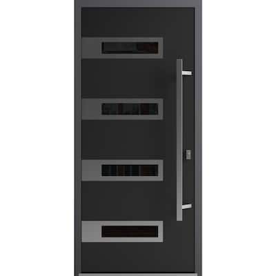 Front Exterior Prehung Steel Door Ronex 0131 Black Enamel Stainless Inserts Entry Metal Painted W36xH80 Left hand Inswing