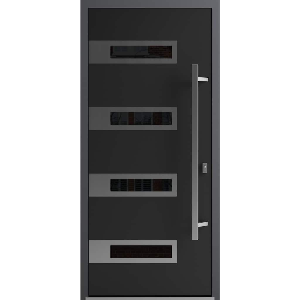 Front Exterior Prehung Steel Door Ronex 0131 Black Enamel Stainless Inserts Entry Metal Painted W36xH80 Left hand Inswing