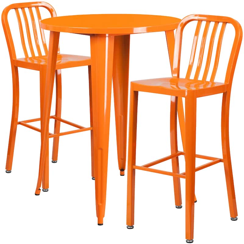 30'' Round Metal Indoor-Outdoor Bar Table Set with 2 Vertical Slat Back Stools - 30"W x 30"D x 41"H
