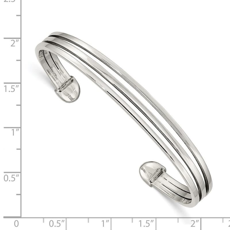 Curata 925 Sterling Silver 8mm Three Row Flat Adjustable Cuff Stackable Bangle Bracelet