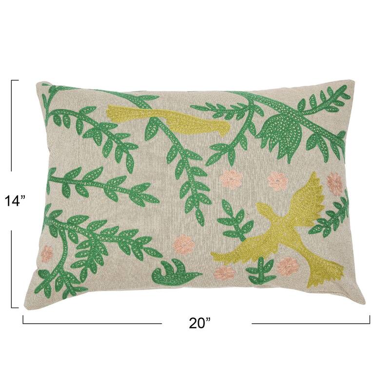 Cotton Chambray Lumbar Pillow with Bird Embroidery