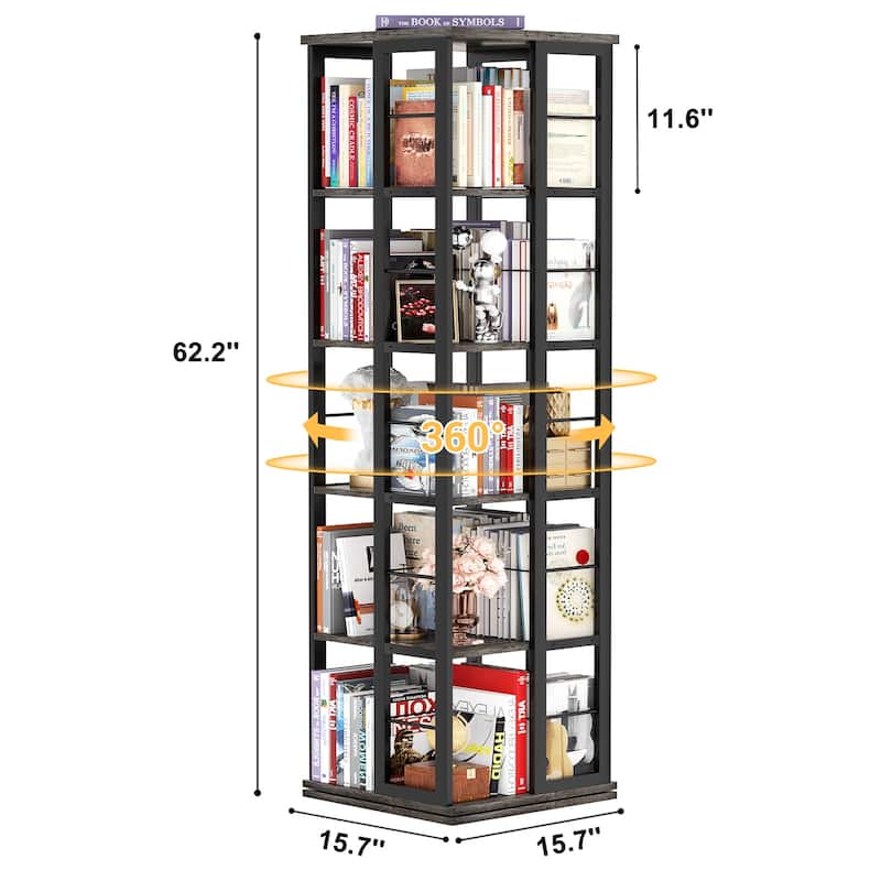 5-Tier Corner Rotating Bookshelf, 360 Display Wood Spinning Bookshelf, Floor Standing Bookcase Organizer Storage Rack