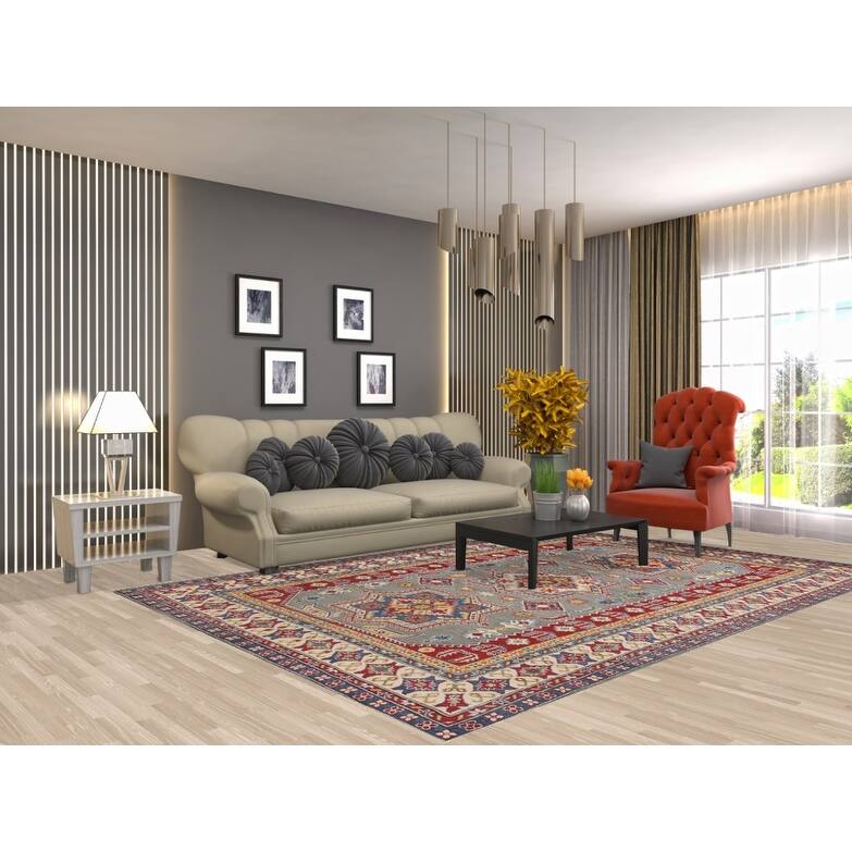 Hand Knotted Oriental 100% Wool Carpet Traditional Geometric Greys & Charcoal Kazak Area Rug - 9' 10'' X 6' 9''