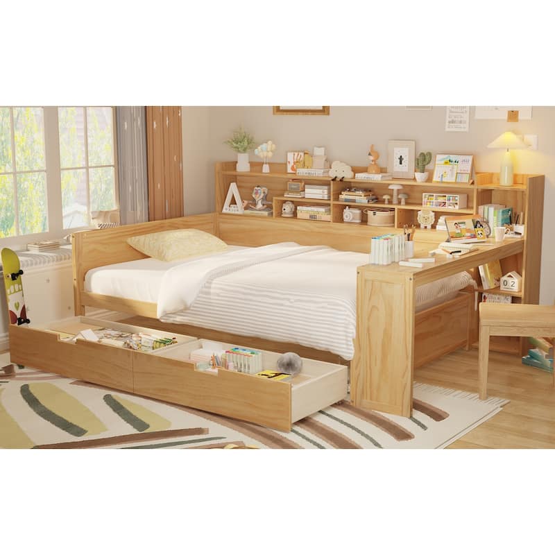 Full Size Antique Wood Daybed with Study Desk & Storage (550lb Capacity)