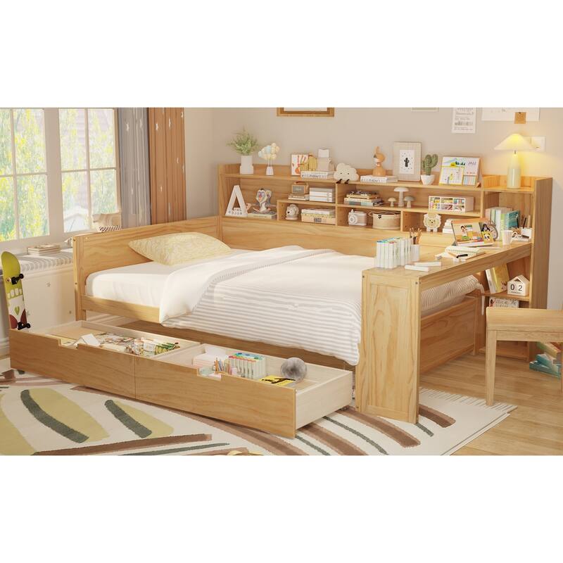 Wooden Daybed with Storage Shelves, Multi-functional Bed with Two Storage Drawers and Study Desk