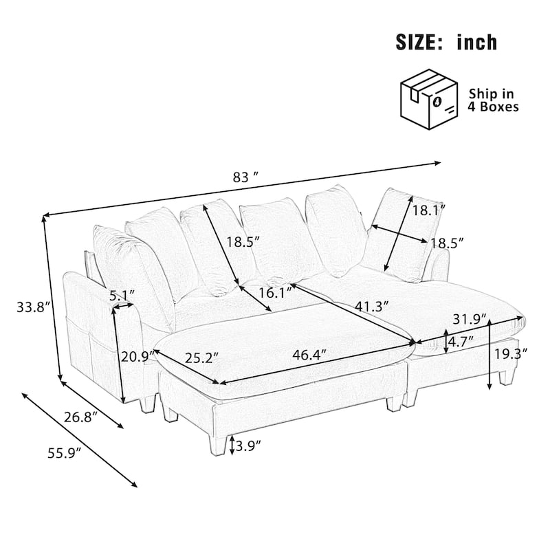83" L-Shaped Sectional Sofa with Storage Seats Movable Ottoman Curved Armrests Chenille Couch with 6 Pillows