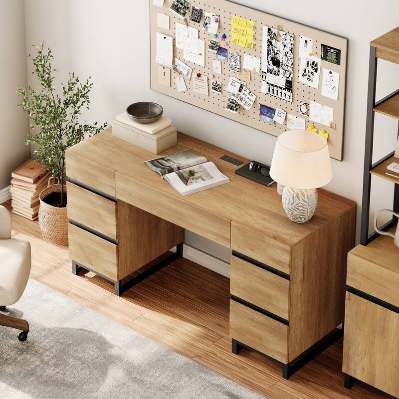 59In Modern Executive Desk With Charging Station & Drawers And 2 PCS 72In Tall BookcasesFor Living Room, Bedroom