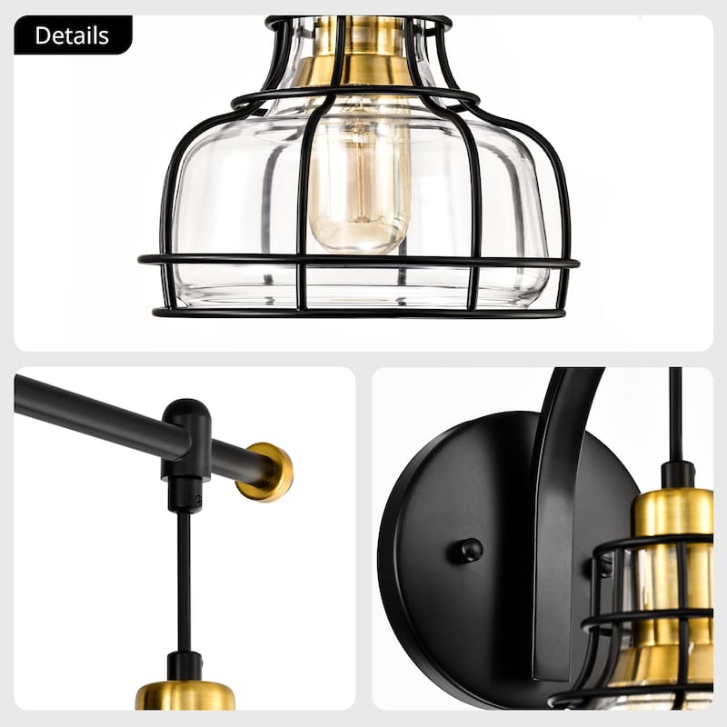 Black and Antique Gold 3-Light Vanity with Clear Glass Shades