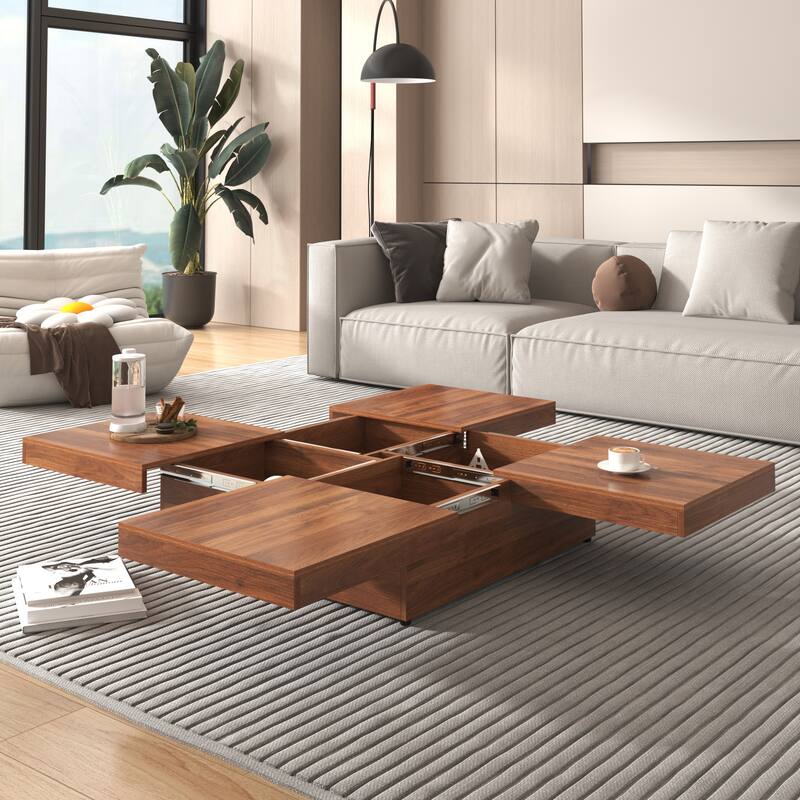 Modern Square Extendable Coffee Table with Sliding Top, Cocktail Table Center Table with 4 Hidden Storage Compartments for Home