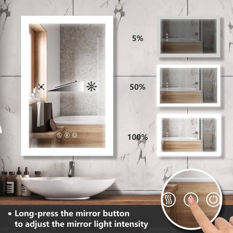 LED Bathroom Vanity Mirror Wall Mounted Dimmable Anti-Fog Mirror with 3 Buttons Vertical & Horizontal Hang