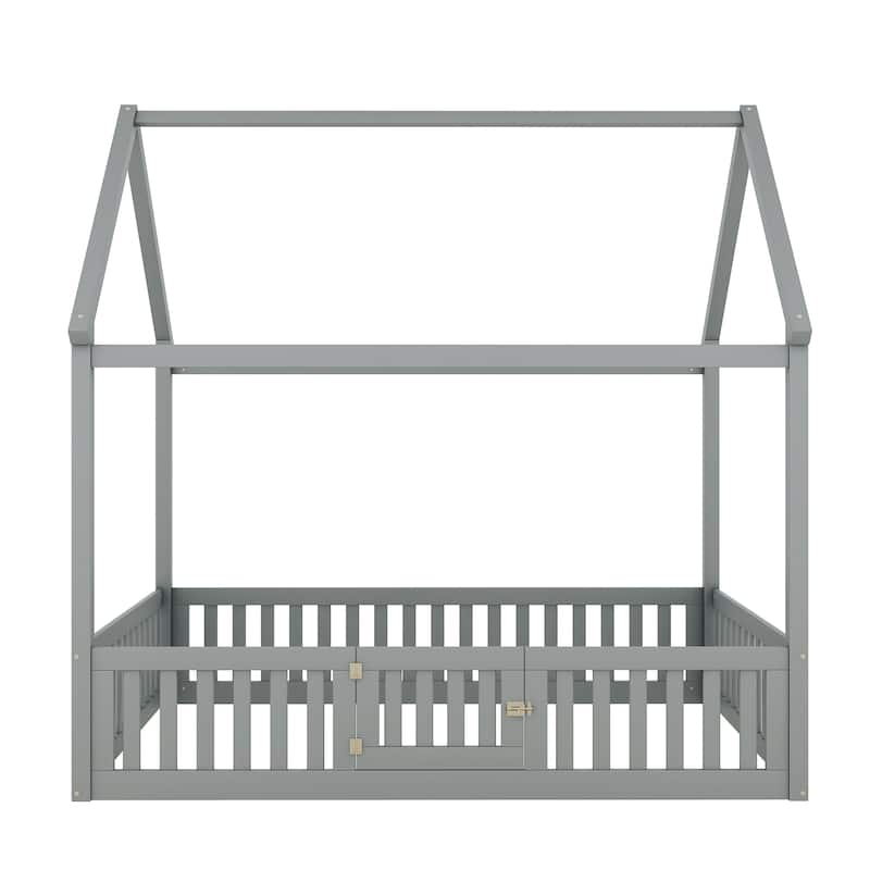 Fun House Platform Bed with Fence and Door, Wooden Floor Bed Frame with Roof, Distressed Washed Finish,for Kids Girls Boys