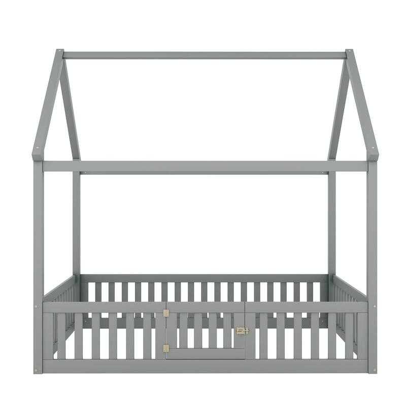 Roomfitters Full Size Wood House Bed with Fence Guardrails and Door, Distressed Gray