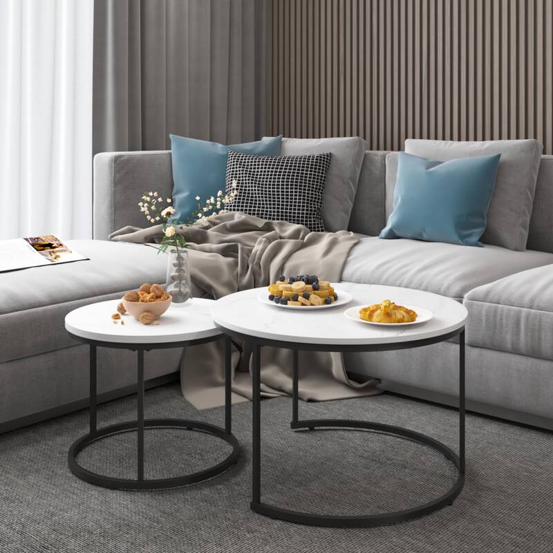 Modern Nesting Coffee Table Round Coffee Table Side Table, 2-Piece Set with Base, for Living Room, Brown