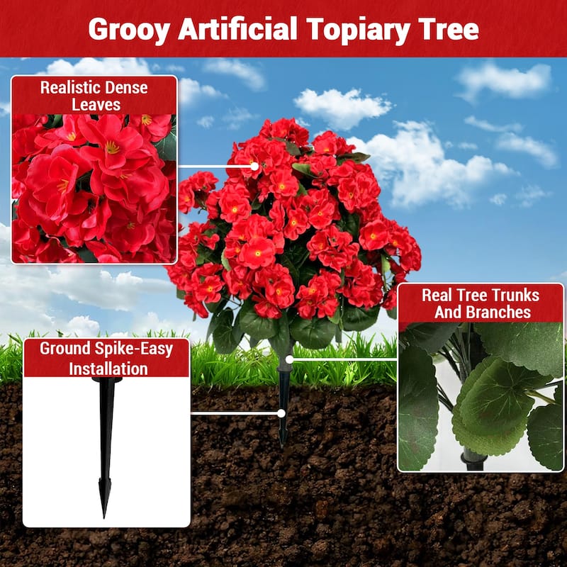 2PCS Artificial Begonias Bush with Ground Spike for Outdoor Indoor Front Porch Garden - 19.7 inch