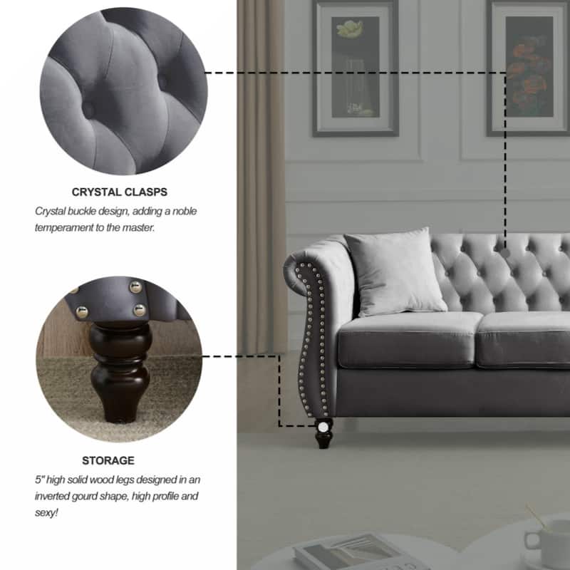 80" Chesterfield Sofa Grey Velvet for Living Room, 3 Seater Sofa Tufted Couch with Rolled Arms and Nailhead