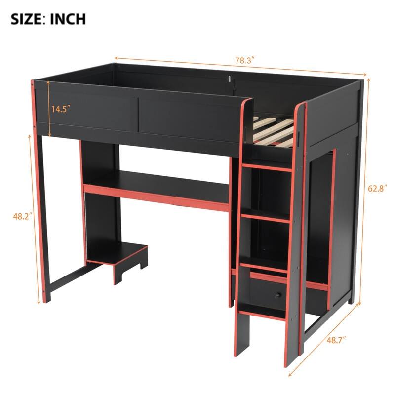 Twin/Full Size Gaming Bed with Built-in Desk & LED Light, E-Sports Style Wood Loft Bed with Open Wardrobe & Drawer