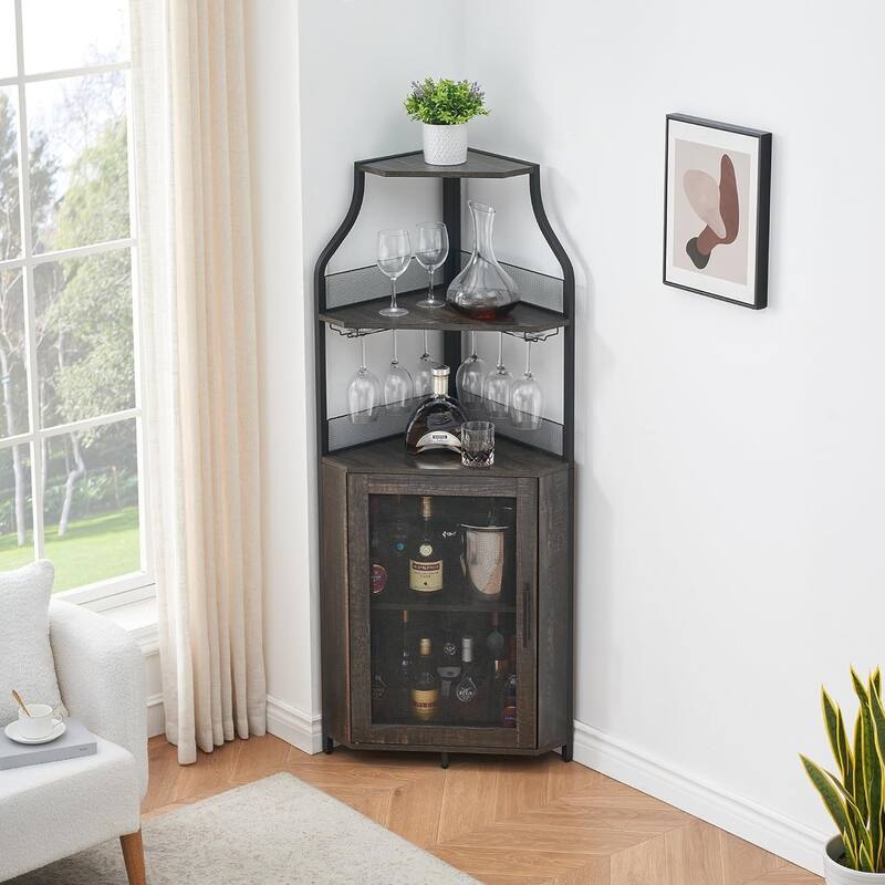 Corner Wine Cabinet with Detachable Wine Rack, 5-Tier Industrial Corner Bar Cabinet