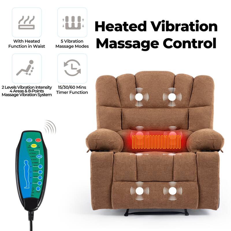 Massage Recliner Chair, Breathable Fabric Ergonomic Single Sofa Chair with Heat and Vibration and Cup Holders & Side Pockets