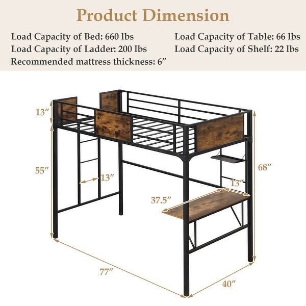 Twin Loft Bed with Metal Frame, Storage Shelf, and Ladder