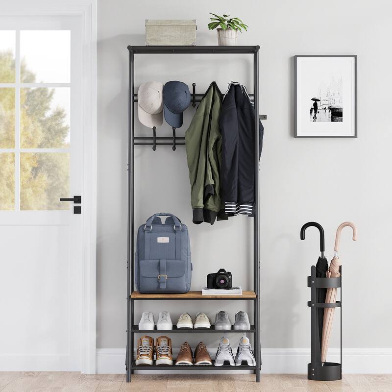 Coat Rack With Shoe Storage Bench 10 Hooks Multifunctional Hallway Organizer - 11.4" W x 25.2" L x 70"