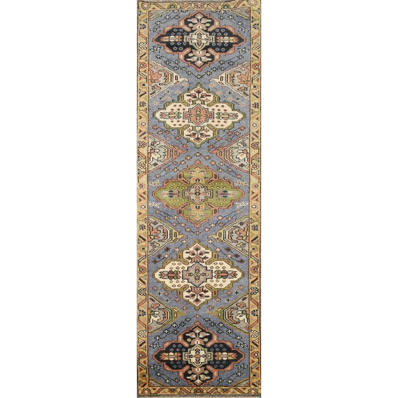 Hand Knotted Oriental 100% Wool Carpet Traditional Geometric Navy Blue & Blues Kazak Area Rug - 10' 2'' X 2' 6''