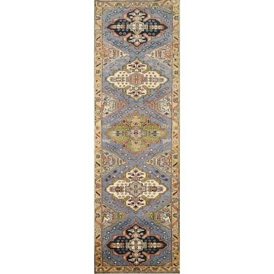 Hand Knotted Oriental 100% Wool Carpet Traditional Geometric Navy Blue & Blues Kazak Area Rug - 10' 2'' X 2' 6''