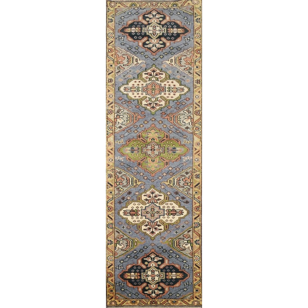 Hand Knotted Oriental 100% Wool Carpet Traditional Geometric Navy Blue & Blues Kazak Area Rug - 10' 2'' X 2' 6''