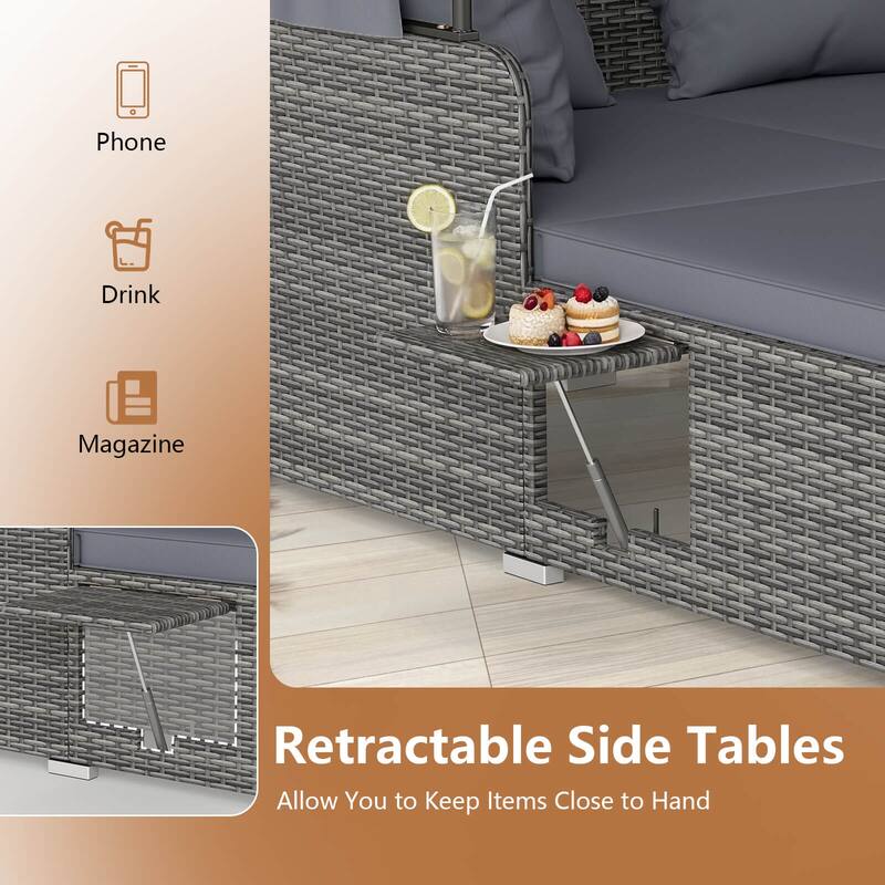 Costway Patio Rattan Daybed Lounge Retractable Top Canopy Side Tables - See Details