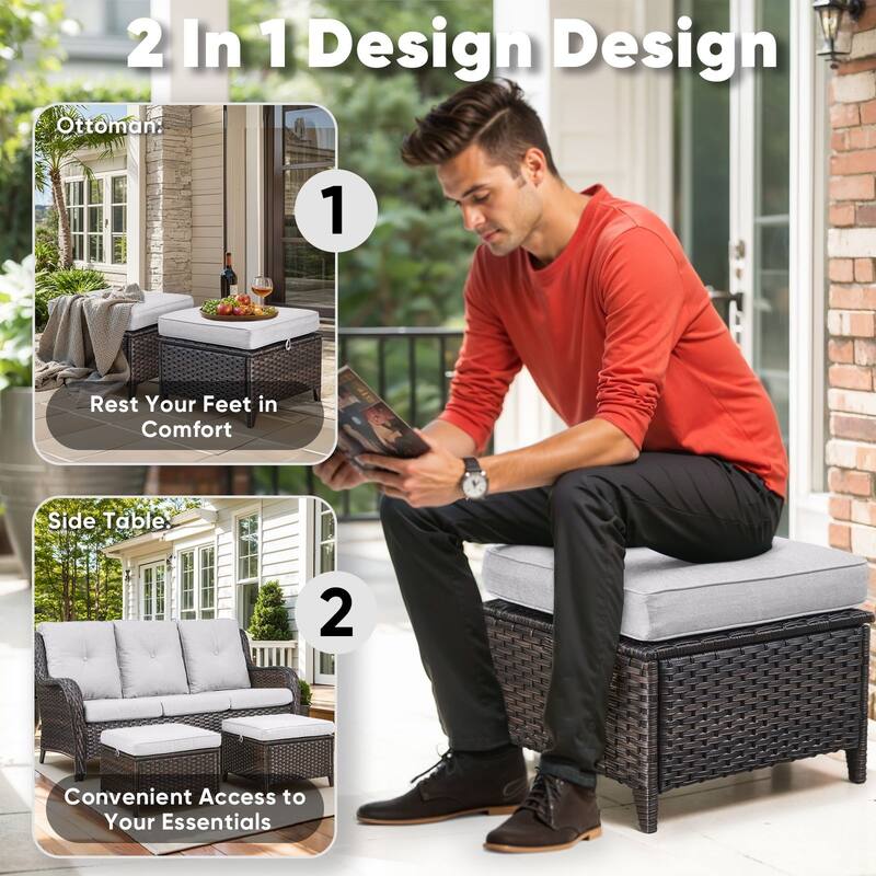 2 Wicker Ottomans Multipurpose Outdoor Footrest