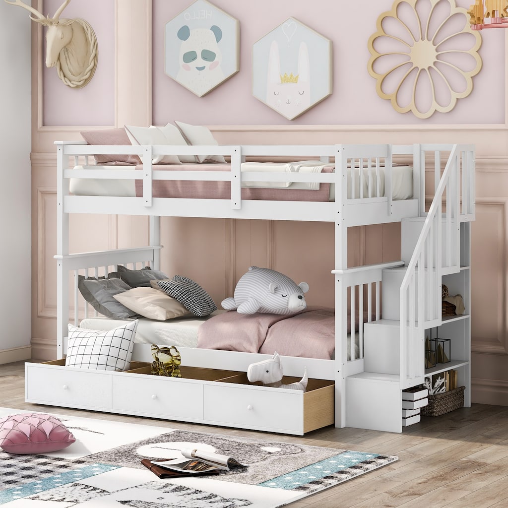 Twin-Over-Twin Bunk Bed with Stairs and Three Drawers, White - Space-Saving Bedroom Solution