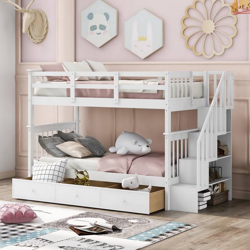 Wooden Stairway Bunk Beds with 3 Under Bed Drawers and Guard Rail - White - Twin