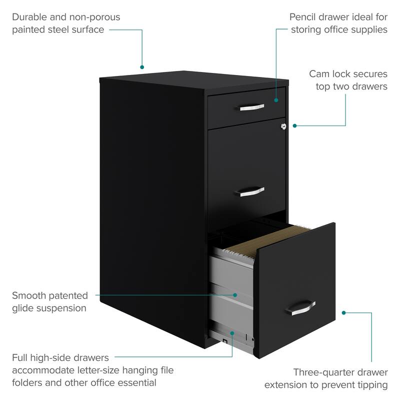 Space Solutions 18" Deep 3 Drawer Metal File Cabinet, Black