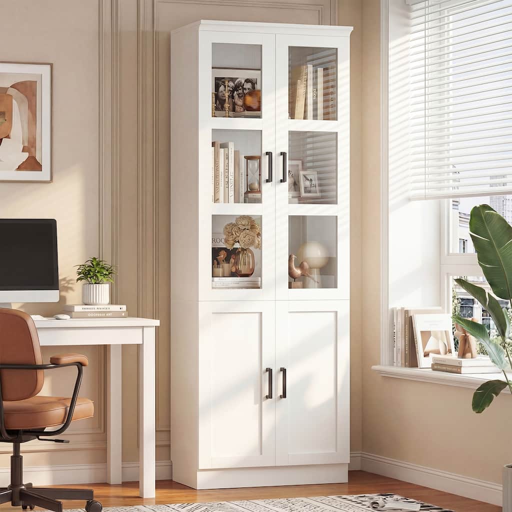 80" Tall Display Bookcase with Glass Doors and Adjustable Shelves,Freestanding Storage Bookshelf for Living Room, Home Office.