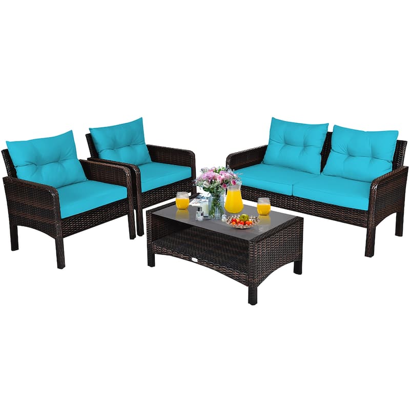 Costway 4PCS Patio Rattan Furniture Set Loveseat Sofa Coffee Table - 28'' x26'' x29''